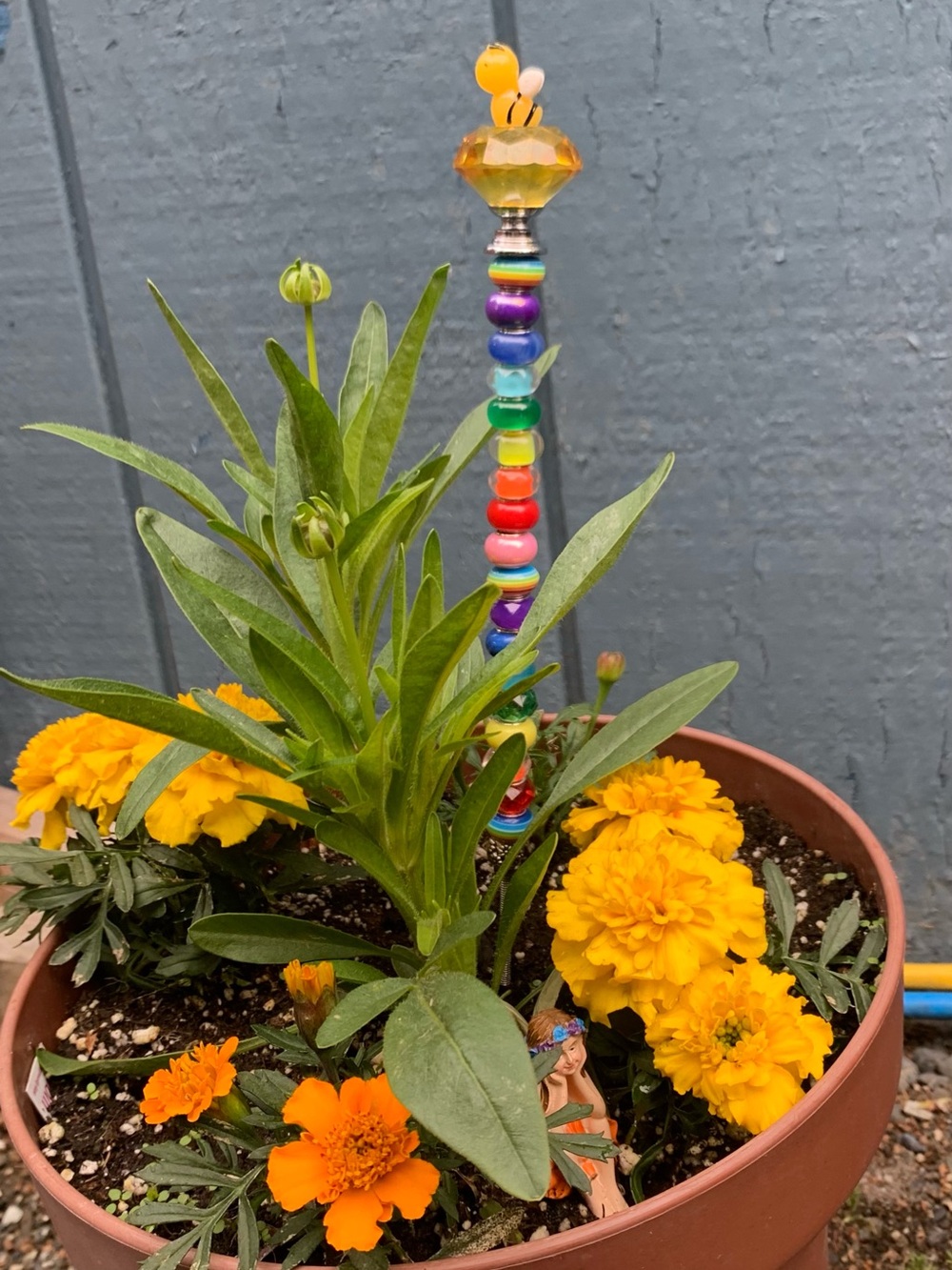 Colorful Beaded Fairy Garden Stake with Yellow Bee Top Handmade - Picture 2 of 3